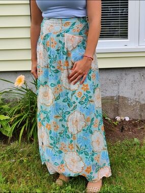 MINKPINK Floral Maxi Skirt in Light Blue, Cream & Green